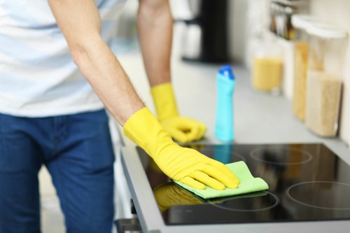 Professional cleaner organizing and polishing home interiors