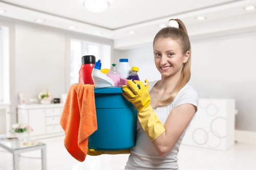 Home cleaner vacuuming a carpeted hallway